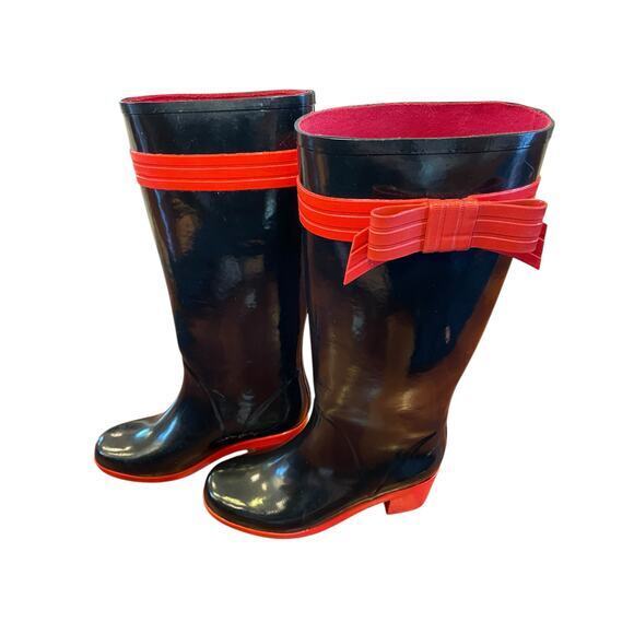 Kate Spade Women 9 Randi Black and Red Bow Heel Rain Boots Shiny Black Rain Boot - Picture 15 of 16